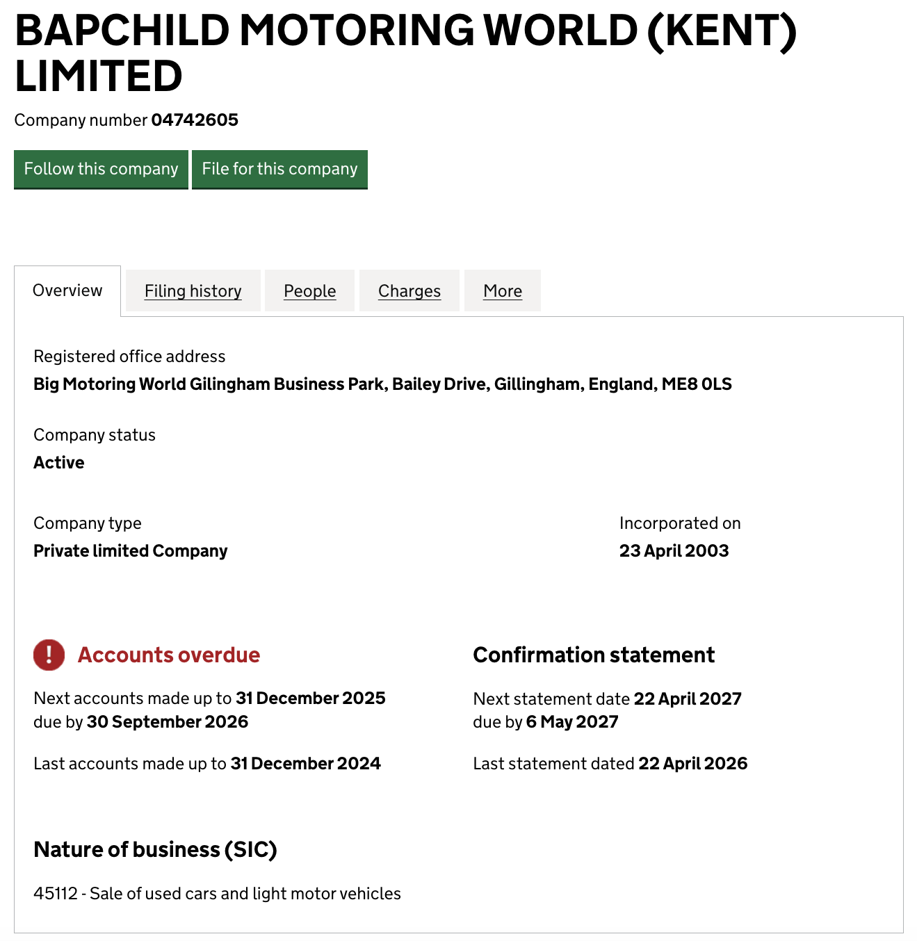 overdue company accounts filing notice for Big Motoring World