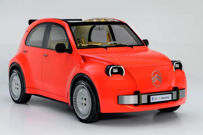 electric 2CV concept car on display with modern design cues