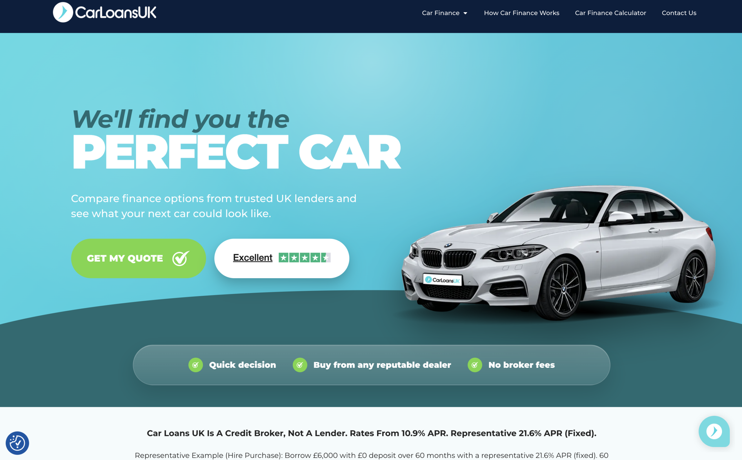Car Loans UK website homepage showing finance options