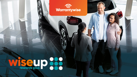 WiseUp+ promotional graphic from Warrantywise aimed at used car dealers